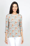Lolo Luxe Watercolor Floral Top.  Orange large floral and miniature vintage floral print on a mint green background.  Crew neck 3/4 sleeve top with ruched sleeve hem.  Relaxed fit._t_34940530524360