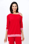 OURS Lola Stripe One Shoulder Top in Red with red and white stripe shoulder strap and band at hem. One shoulder top with rib stripe strap. 3/4 sleeves with rib stripe cuff. Stripe band at hem. Relaxed fit._t_34656949895368