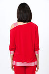 OURS Lola Stripe One Shoulder Top in Red with red and white stripe shoulder strap and band at hem. One shoulder top with rib stripe strap. 3/4 sleeves with rib stripe cuff. Stripe band at hem. Relaxed fit._t_34656949797064