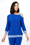 OURS Lola Stripe One Shoulder Top in Royal with royal and white stripe shoulder strap and band at hem. One shoulder top with rib stripe strap. 3/4 sleeves with rib stripe cuff. Stripe band at hem. Relaxed fit._t_34656949665992