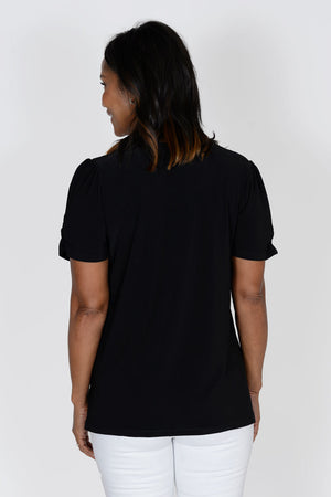 O.U.R.S. Whitney Ruched Sleeve Tee in Black. Low crew neck relaxed fit top with short ruched sleeve. A line shape. Straight hem._34575322349768