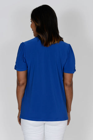 O.U.R.S. Whitney Ruched Sleeve Tee in Royal. Low crew neck relaxed fit top with short ruched sleeve. A line shape. Straight hem._34575322251464