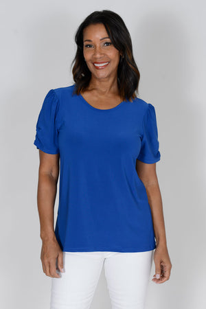 O.U.R.S. Whitney Ruched Sleeve Tee in Royal. Low crew neck relaxed fit top with short ruched sleeve. A line shape. Straight hem._34575322317000