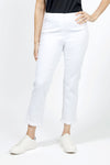 Holland Ave Denim Frayed Crop in white.  Pull on pant with hidden elastic waist and faux fly.  Smooth through the stomach and thigh, falls straight to the hem.  2 back curved patch pockets. Frayed hem. 26" inseam._t_34977857274056
