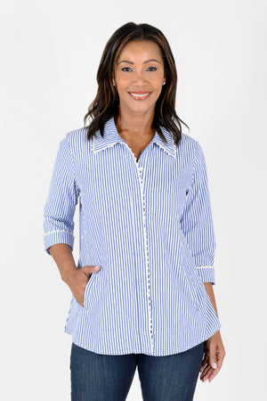Cali Girls Pearl Pin Stripe Blouse in Navy and White Stripe.  Pointed collar button down blouse with pearl trim around collar, button placket and cuff.  3/4 sleeve.  2 front slash welt pockets.  Slightly curved hem.  A line shape. Relaxed fit._34467558097096
