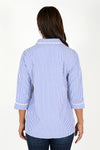 Cali Girls Pearl Pin Stripe Blouse in Navy and White Stripe. Pointed collar button down blouse with pearl trim around collar, button placket and cuff. 3/4 sleeve. 2 front slash welt pockets. Slightly curved hem. A line shape. Relaxed fit._t_34467558195400