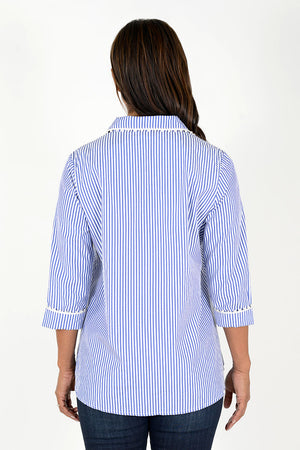 Cali Girls Pearl Pin Stripe Blouse in Navy and White Stripe. Pointed collar button down blouse with pearl trim around collar, button placket and cuff. 3/4 sleeve. 2 front slash welt pockets. Slightly curved hem. A line shape. Relaxed fit._34467558195400