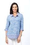 Ten Oh 8 Space Dye & Check Combo Top in Blue/White. Space dye v neck with attached striped shirting detail. Pointed collar and turn back cuff. Shirt tail hangs below. Relaxed fit._t_34808833048776