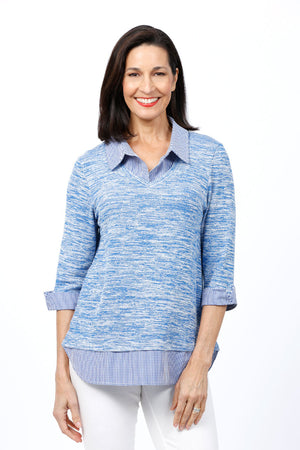 Ten Oh 8 Space Dye & Check Combo Top in Blue/White. Space dye v neck with attached striped shirting detail. Pointed collar and turn back cuff. Shirt tail hangs below. Relaxed fit._34808833048776