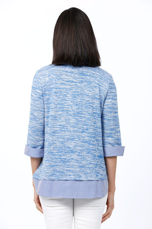 Ten Oh 8 Space Dye & Check Combo Top in Blue/White. Space dye v neck with attached striped shirting detail. Pointed collar and turn back cuff. Shirt tail hangs below. Relaxed fit._34808832950472