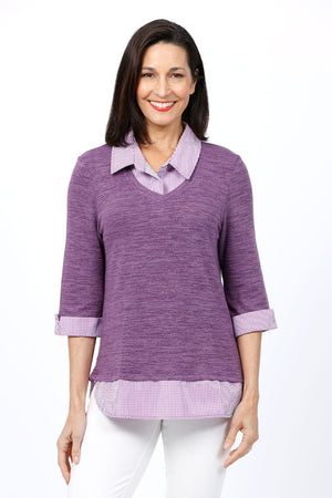 Ten Oh 8 Space Dye & Check Combo Top in Purple/White. Space dye v neck with attached striped shirting detail. Pointed collar and turn back cuff. Shirt tail hangs below. Relaxed fit._34808833016008