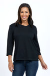 Top Ligne Off Center V Neck Tee in Black. Asymmetric v neckline, 3/4 sleeve. Textured fabric. A line shape. Relaxed fit._t_34742779904200