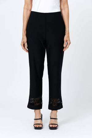 O.U.R.S. Bella Crochet Detail Pant in Black.  Pull on pant with hidden elastic waist.  Crochet detail inset at hem.  Straight leg pant.  26 1/2" inseam._34656899924168
