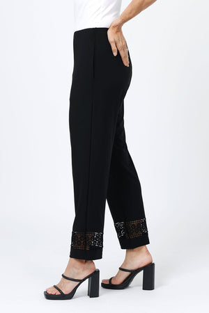 O.U.R.S. Bella Crochet Detail Pant in Black. Pull on pant with hidden elastic waist. Crochet detail inset at hem. Straight leg pant. 26 1/2" inseam._34656899760328