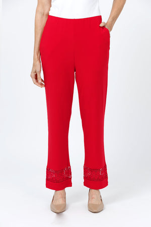O.U.R.S. Bella Crochet Detail Pant in Red. Pull on pant with hidden elastic waist. Crochet detail inset at hem. Straight leg pant. 26 1/2" inseam._34656899956936