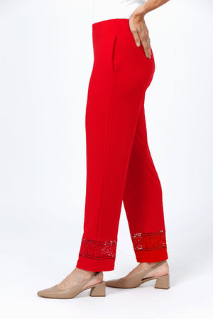 O.U.R.S. Bella Crochet Detail Pant in Red. Pull on pant with hidden elastic waist. Crochet detail inset at hem. Straight leg pant. 26 1/2" inseam._34656899727560