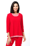 O.U.R.S. Lindsay 2 Layer Stripe Top in Red/White. 2 layer top with striped crew underlayer. Solid jersey scoop neck over layer. 3/4 sleeve. Side slits on top layer. Relaxed fit._t_34656921256136