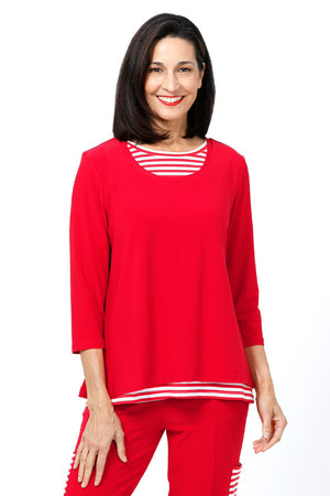O.U.R.S. Lindsay 2 Layer Stripe Top in Red/White. 2 layer top with striped crew underlayer. Solid jersey scoop neck over layer. 3/4 sleeve. Side slits on top layer. Relaxed fit._34656921256136