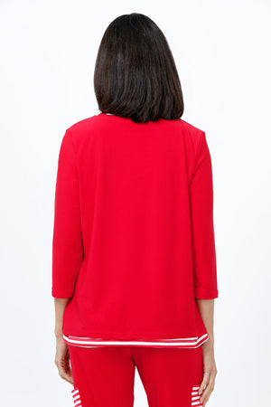 O.U.R.S. Lindsay 2 Layer Stripe Top in Red/White. 2 layer top with striped crew underlayer. Solid jersey scoop neck over layer. 3/4 sleeve. Side slits on top layer. Relaxed fit._34656921190600