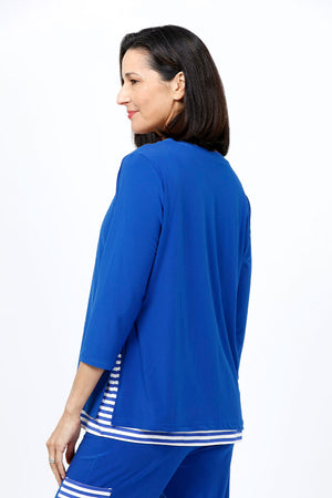 O.U.R.S. Lindsay 2 Layer Stripe Top in Royal/White. 2 layer top with striped crew underlayer. Solid jersey scoop neck over layer. 3/4 sleeve. Side slits on top layer. Relaxed fit._34656921452744