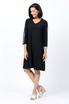 O.U.R.S. Stripe Detail Dress in Black. V neck 3/4 sleeve dress with white racking stripes down center sleeve. 2 in seam pockets. A line shape. Relaxed fit._t_34815425183944