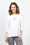 Top Ligne Embroidered Daisy Tee in white with black stitched daisy in front.  Crew neck, 3/4 sleeve top with banded neckline.  A line shape.  Relaxed fit._t_34980955881672