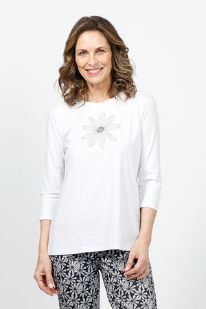 Top Ligne Embroidered Daisy Tee in white with black stitched daisy in front.  Crew neck, 3/4 sleeve top with banded neckline.  A line shape.  Relaxed fit._34980955881672