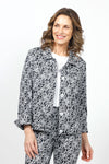 Holland Ave Daisy Jean Jacket in Black with white daisy print.  Pointed collar button down jacket with jean jacket detail.  Front flap pockets.  Yoke in front & back.  Long sleeve with split cuff.  Banded bottom with button tabs in back.  White buttons.  Relaxed fit._t_34980833755336