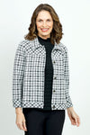 Lolo Luxe Boucle Plaid Jacket in Black & White.  Pointed collar button front jacket with bias plaid front and back yoke.  Bias plaid banded hem.  Novelty buttons.  Contour seaming.  Bracelet length sleeve with bias plaid cuff.  In seam front pockets.  Relaxed fit._t_52899548365166