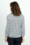 Lolo Luxe Boucle Plaid Jacket in Black & White.  Pointed collar button front jacket with bias plaid front and back yoke.  Bias plaid banded hem.  Novelty buttons.  Contour seaming.  Bracelet length sleeve with bias plaid cuff.  In seam front pockets.  Relaxed fit._t_52899548430702