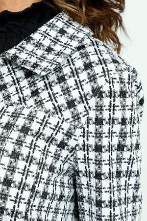 Lolo Luxe Boucle Plaid Jacket in Black & White.  Pointed collar button front jacket with bias plaid front and back yoke.  Bias plaid banded hem.  Novelty buttons.  Contour seaming.  Bracelet length sleeve with bias plaid cuff.  In seam front pockets.  Relaxed fit._52899548397934