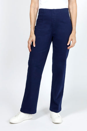 Holland Ave Diana Wide Leg Jean in Denim.  Pull on pant with hidden elastic waistband and faux front fly.  Smooth fit through stomach widens to hem.  30" inseam.  _34940573810888
