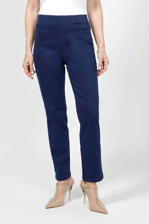 Holland Ave Olivia Straight Leg Jean in Dark Denim.  Pull on pant with hidden elastic waistband and faux fly.  Snug through stomach and hip falls straight to hem. 2 back curved pockets. 29" inseam._34981405196488