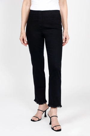 Holland Ave Frayed Denim Ankle Pant in Black. Pull on pant with elastic hidden waist. Slim leg with frayed hem. 27" inseam._35432074772680