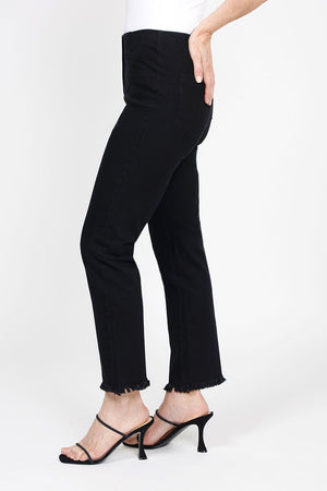 Holland Ave Frayed Denim Ankle Pant in Black. Pull on pant with elastic hidden waist. Slim leg with frayed hem. 27" inseam._35432074739912