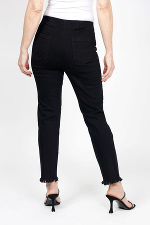 Holland Ave Frayed Denim Ankle Pant in Black. Pull on pant with elastic hidden waist. Slim leg with frayed hem. 27" inseam._35432074805448
