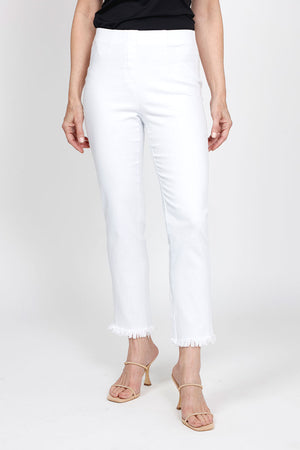 Holland Ave Frayed Denim Ankle Pant in white.  Pull on pant with elastic hidden waist.  Slim leg with frayed hem.  27" inseam._35432074838216