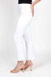 Holland Ave Frayed Denim Ankle Pant in white. Pull on pant with elastic hidden waist. Slim leg with frayed hem. 27" inseam._t_35432074870984