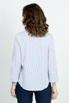 Cali Girls Stripe Blouse with Herringbone Pocket in Denim/White.  Narrow blue vertical stripe on a white background.   Pointed collar button down with 3/4 sleeve. Split cuff.  Shirt tail hem.  Single diagonal stripe breast pocket.  Relaxed fit._t_52875953176942