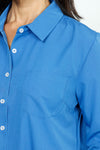 Cali Girls Shortie Blouse in Bright Blue.  Button down shirt with pointed collar.  3/4 sleeve with wrapped cuff.  Shirt tail hem.  Relaxed fit._t_53001589621102