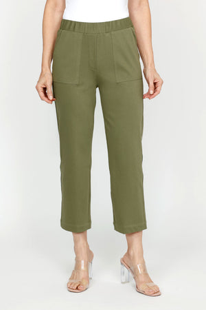 Holland Ave Patch Pocket Crop in 
Army.  1 3/4" elastic waistband.  2 front deep pockets, 2 rear patch pockets.  Snug through hip, falls wide to hem.  24 1/2" inseam._61395054494062