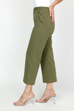 Holland Ave Patch Pocket Crop in 
Army.  1 3/4" elastic waistband.  2 front deep pockets, 2 rear patch pockets.  Snug through hip, falls wide to hem.  24 1/2" inseam._61395054592366