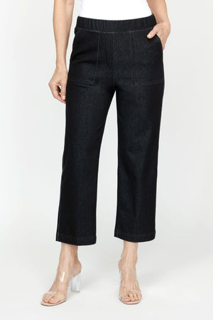 Holland Ave Patch Pocket Crop in Black.  1 3/4" elastic waistband.  2 front deep pockets, 2 rear patch pockets.  Snug through hip, falls wide to hem.  24 1/2" inseam._61395054756206