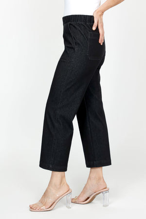 Holland Ave Patch Pocket Crop in Black.  1 3/4" elastic waistband.  2 front deep pockets, 2 rear patch pockets.  Snug through hip, falls wide to hem.  24 1/2" inseam._61395054559598