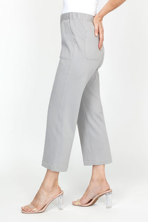 Holland Ave Patch Pocket Crop in 
Concrete.  1 3/4" elastic waistband.  2 front deep pockets, 2 rear patch pockets.  Snug through hip, falls wide to hem.  24 1/2" inseam._61395054657902