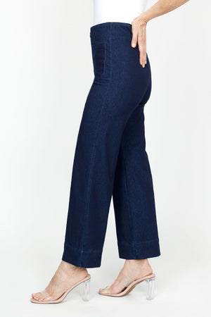 Holland Ave Lizzie Denim Wide Leg Pant.  Pull on pant with faux zipper placket and button.  2 front patch pockets.  2 rear patch pockets.  Snug through stomach, relaxed through hip and leg.  10" leg opening.  28" inseam._61333272166766