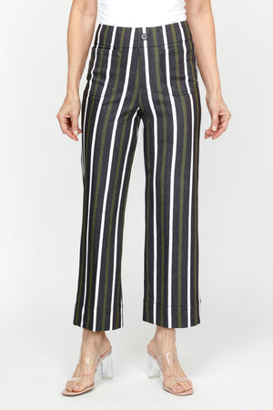 Holland Ave Lizzie Denim Stripe Wide Leg Pant.  Pull on pant with faux zipper placket and button.  2 front patch pockets.  2 rear patch pockets.  Snug through stomach, relaxed through hip and leg.  10" leg opening.  28" inseam._61343405015406