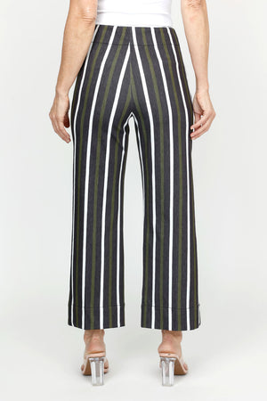Holland Ave Lizzie Denim Stripe Wide Leg Pant.  Pull on pant with faux zipper placket and button.  2 front patch pockets.  2 rear patch pockets.  Snug through stomach, relaxed through hip and leg.  10" leg opening.  28" inseam._61343405080942