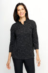 Top Ligne Striped Cable Stitch Top in Black.  Textured horizontal stripes in  black and dark gray with vertical miniature cable stitching.  Stand collar with notched v placket.  3/4 sleeves.  Back box pleat detail.  Relaxed fit._t_61551600828782