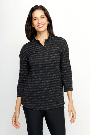 Top Ligne Striped Cable Stitch Top in Black.  Textured horizontal stripes in  black and dark gray with vertical miniature cable stitching.  Stand collar with notched v placket.  3/4 sleeves.  Back box pleat detail.  Relaxed fit._61551600828782